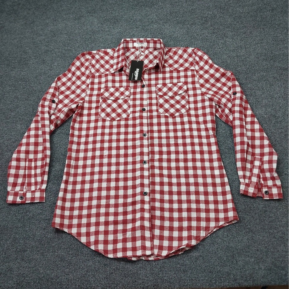 NWT Zeagoo Women's S Red Check Plaid Shirt Button Up Cotton Blend